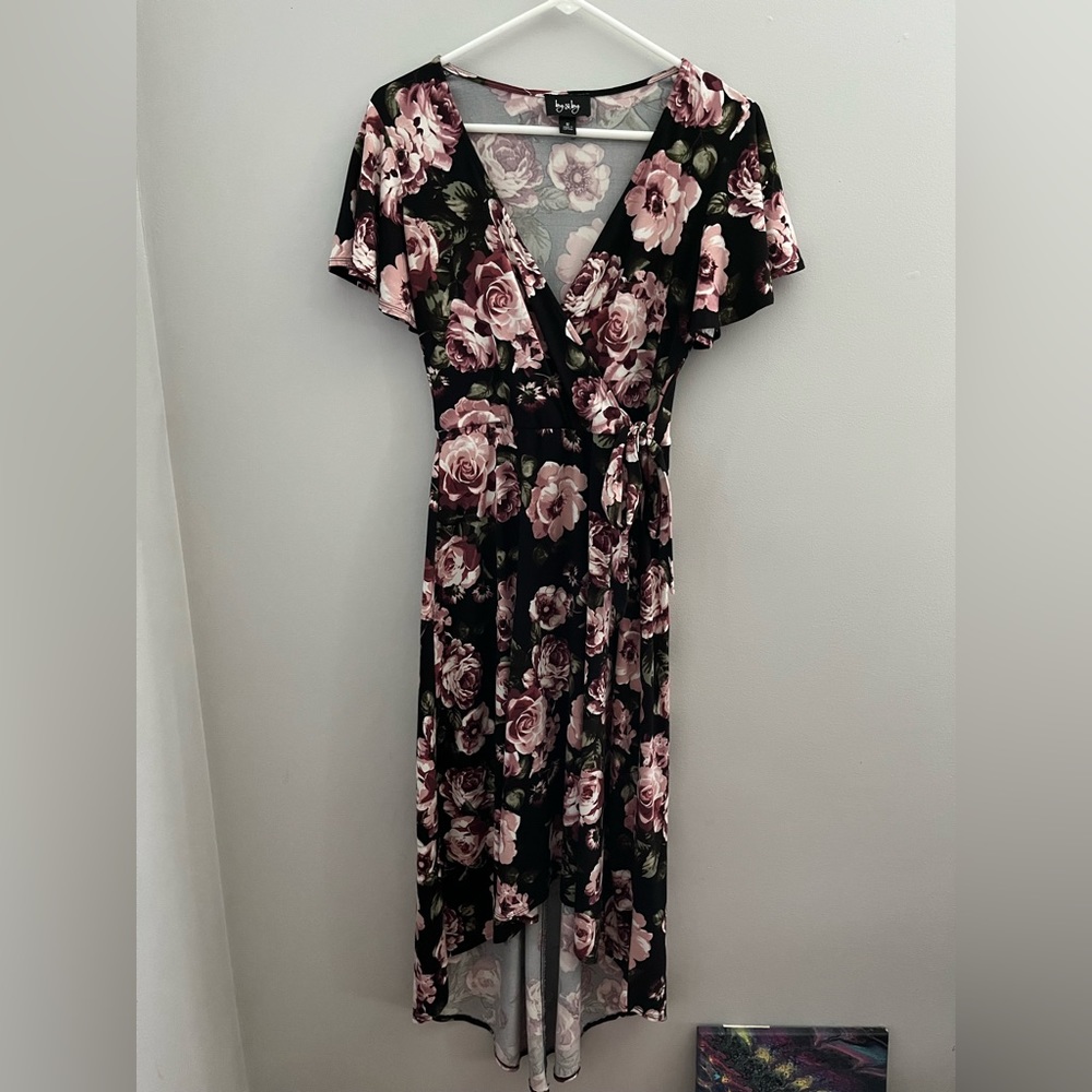 Black & Dusty Pink Rose High-Low Dress Sz M – Party Style Fit & Flare
